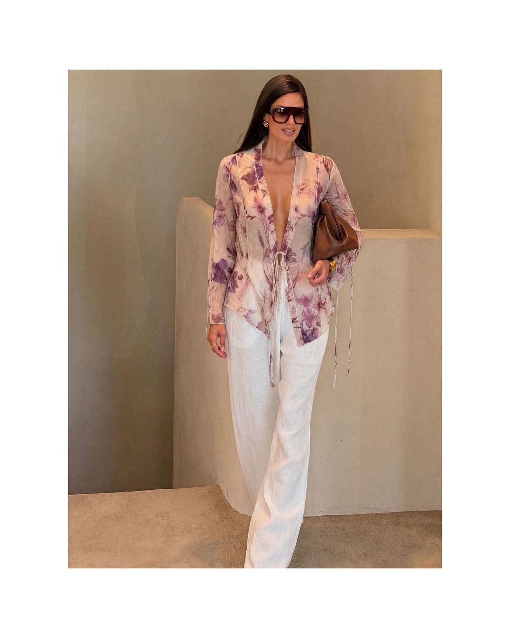 concept A trois Pink Neutrals Ivory Chiffon Blouse With Pastel Floral Print
