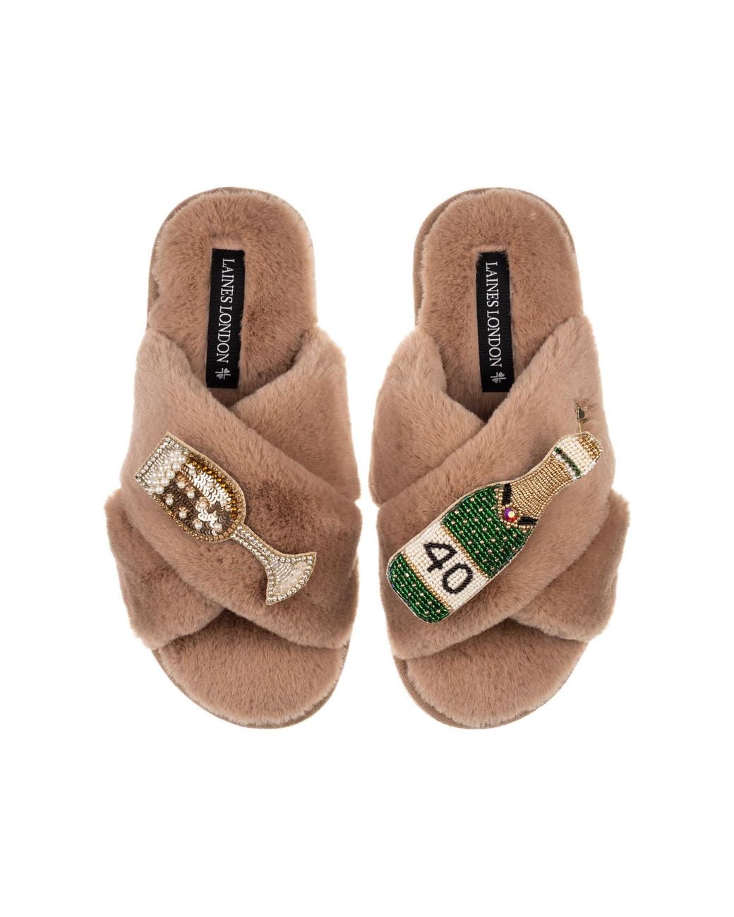 Laines London Brown Neutrals Classic Laines Slippers With Champagne & Glass 40Th Birthday Brooches