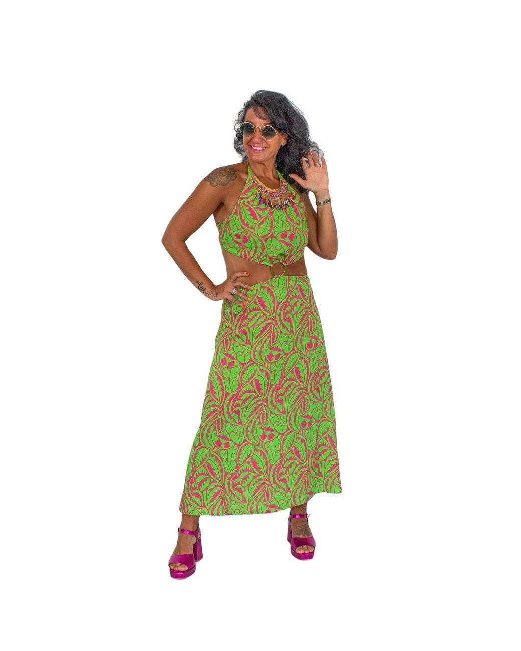 Lalipop Design Green Halter Neck Midi Dress With Cut-Out Details