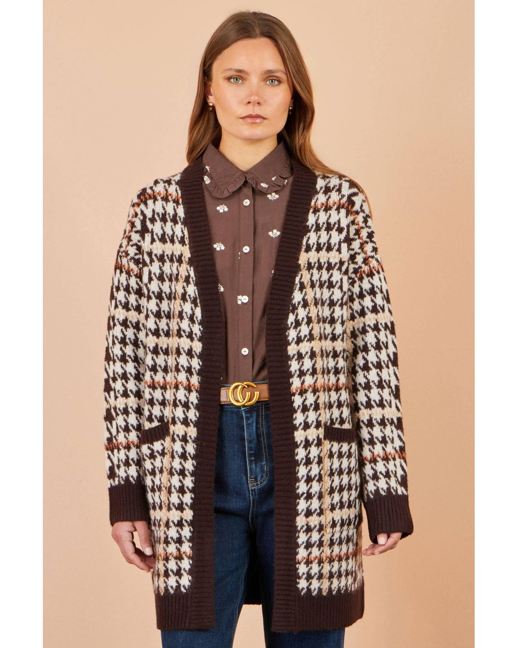 Yumi' Brown Knitted Check Long Cardigan