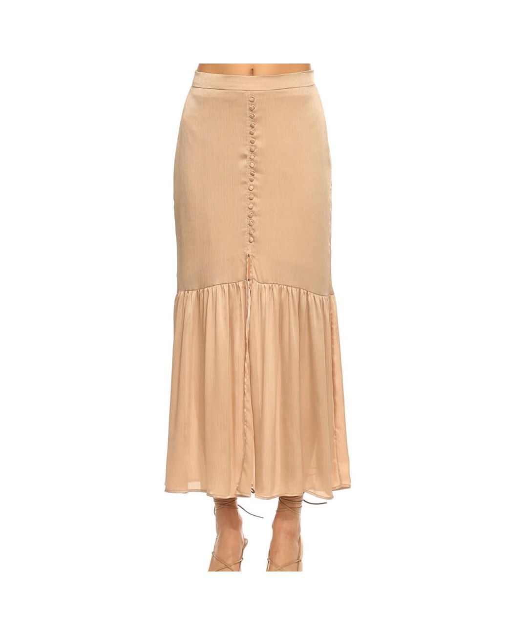 Women & Women Brown Neutrals Hermosa Slit, Long, Buttoned, Satin Skirt
