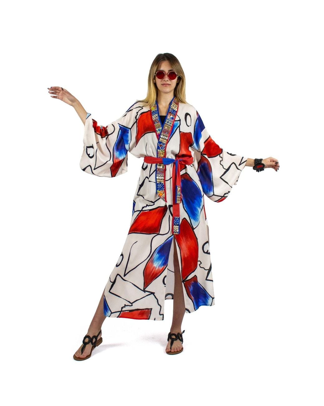 Lalipop Design Red Abstract Viscose Kimono Embellished With Embroidery Details