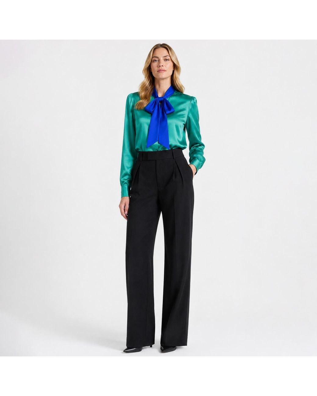 Freak Vault Green Emerald Pussy Bow Satin Blouse