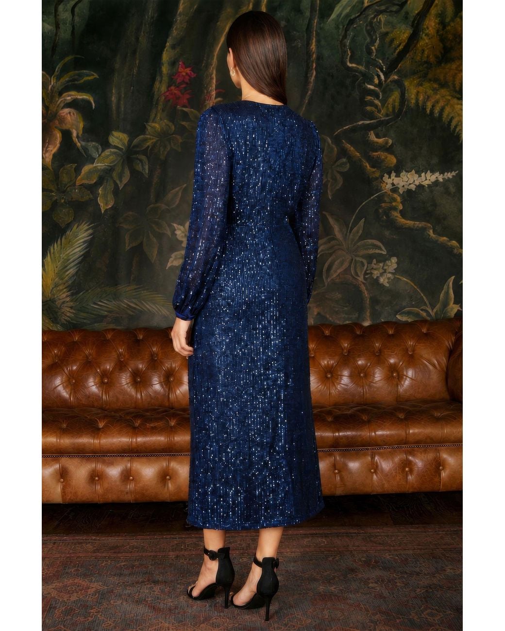 Yumi' Blue Sequin Long Sleeve Midi Dress