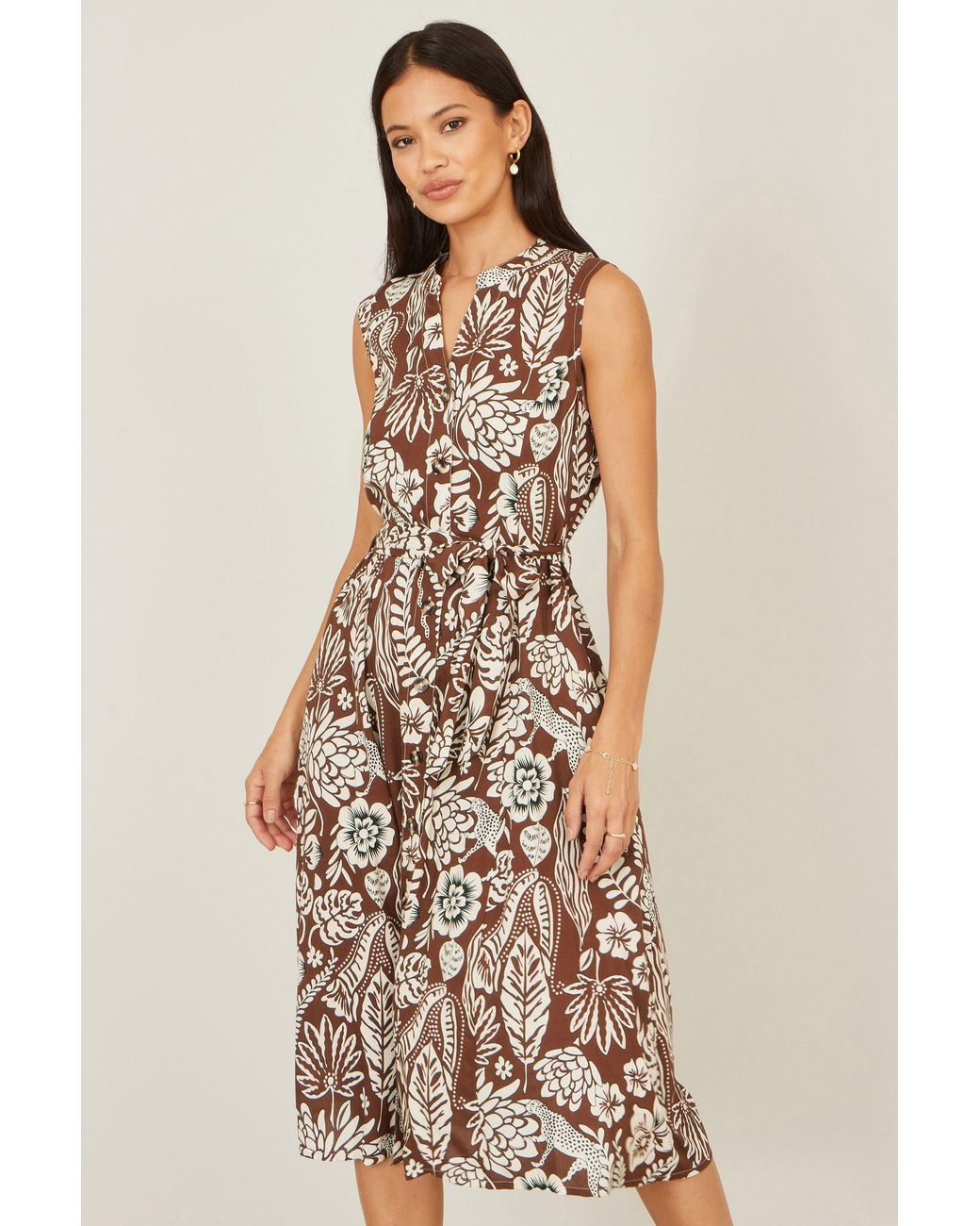 Yumi' Brown Leaf Print Shirt Dress