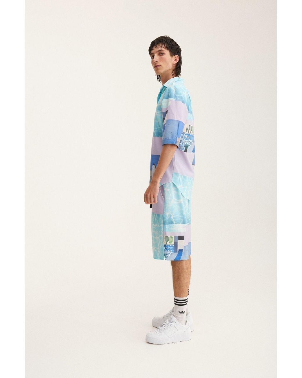 mysimplicated Blue Short Sleeve Shirt And Bermuda Set With Water Design for men