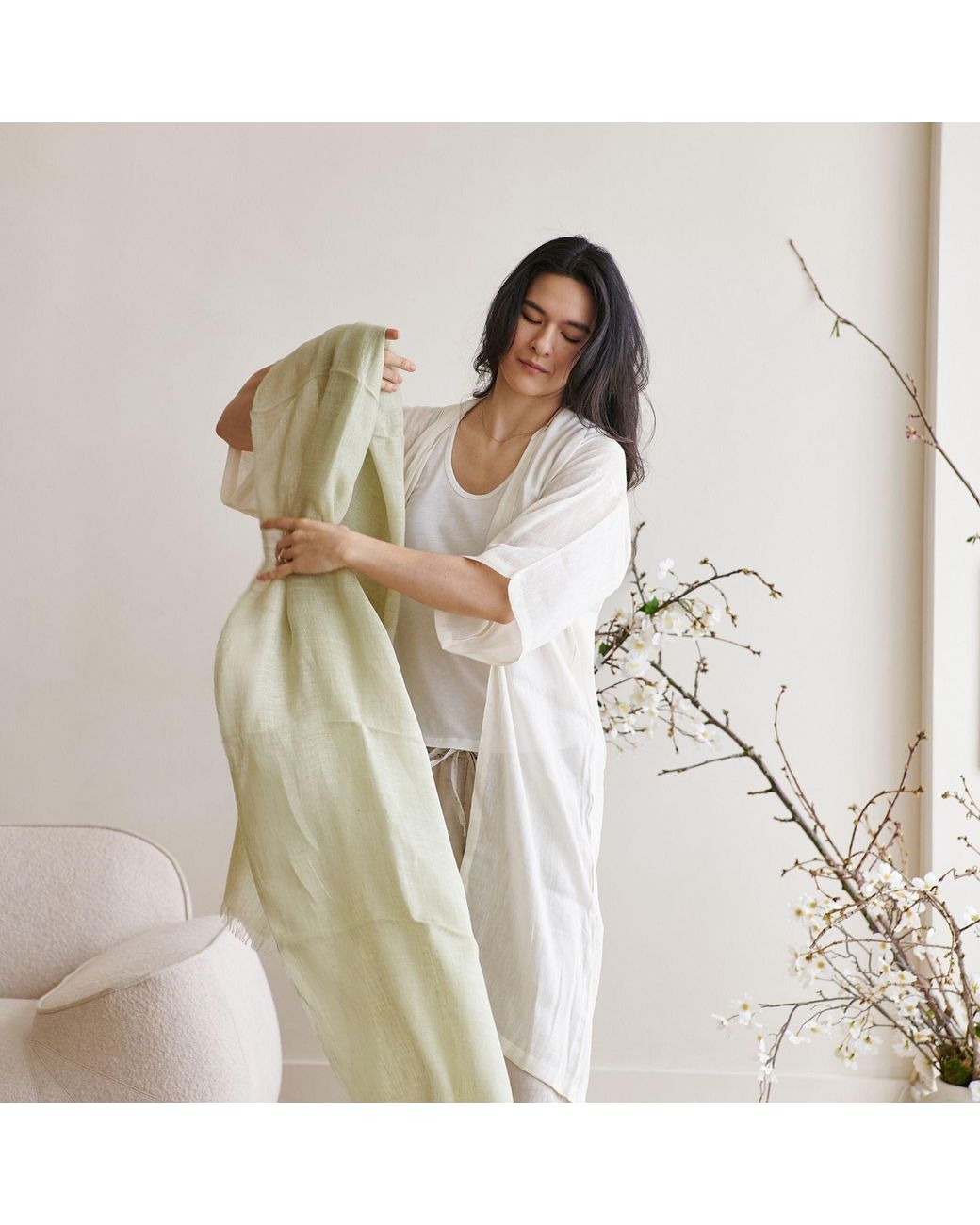 Variously Green Soya Pastel Lime Hand Woven Soft Linen Scarf