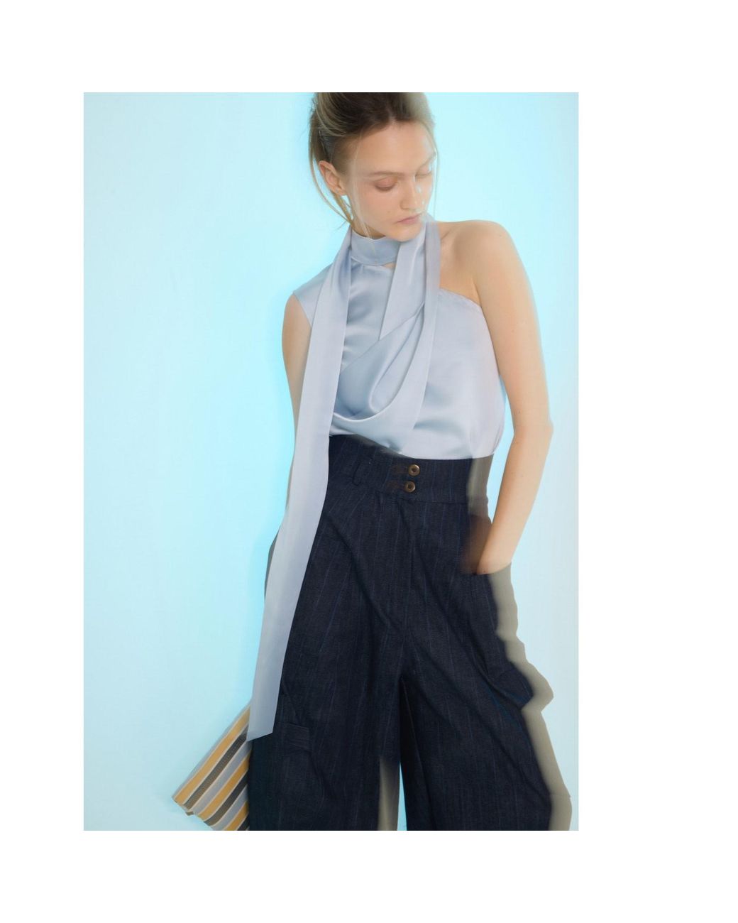 Julia Allert Blue Asymmetrical Satin Top With Choker Collar Light