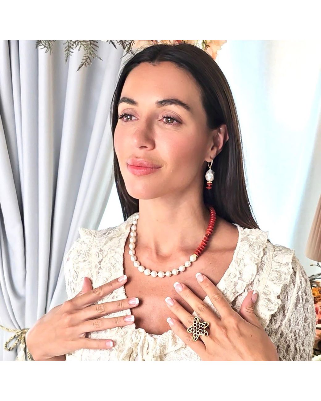 Farra White Baroque Pearl With Bamboo Coral Earrings