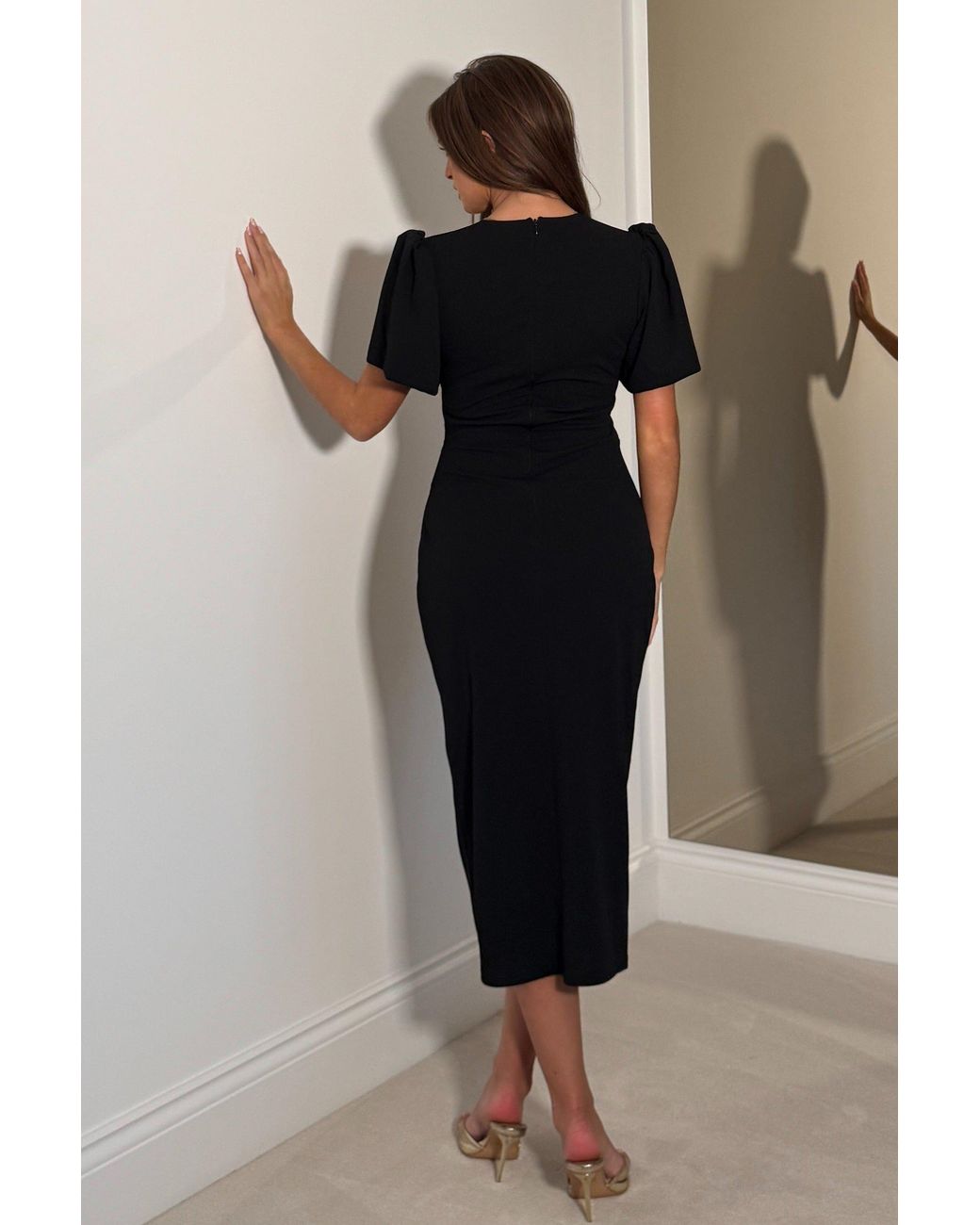 Girl In Mind Black Freya Puff Sleeve Wrap Neck Ruched Midi