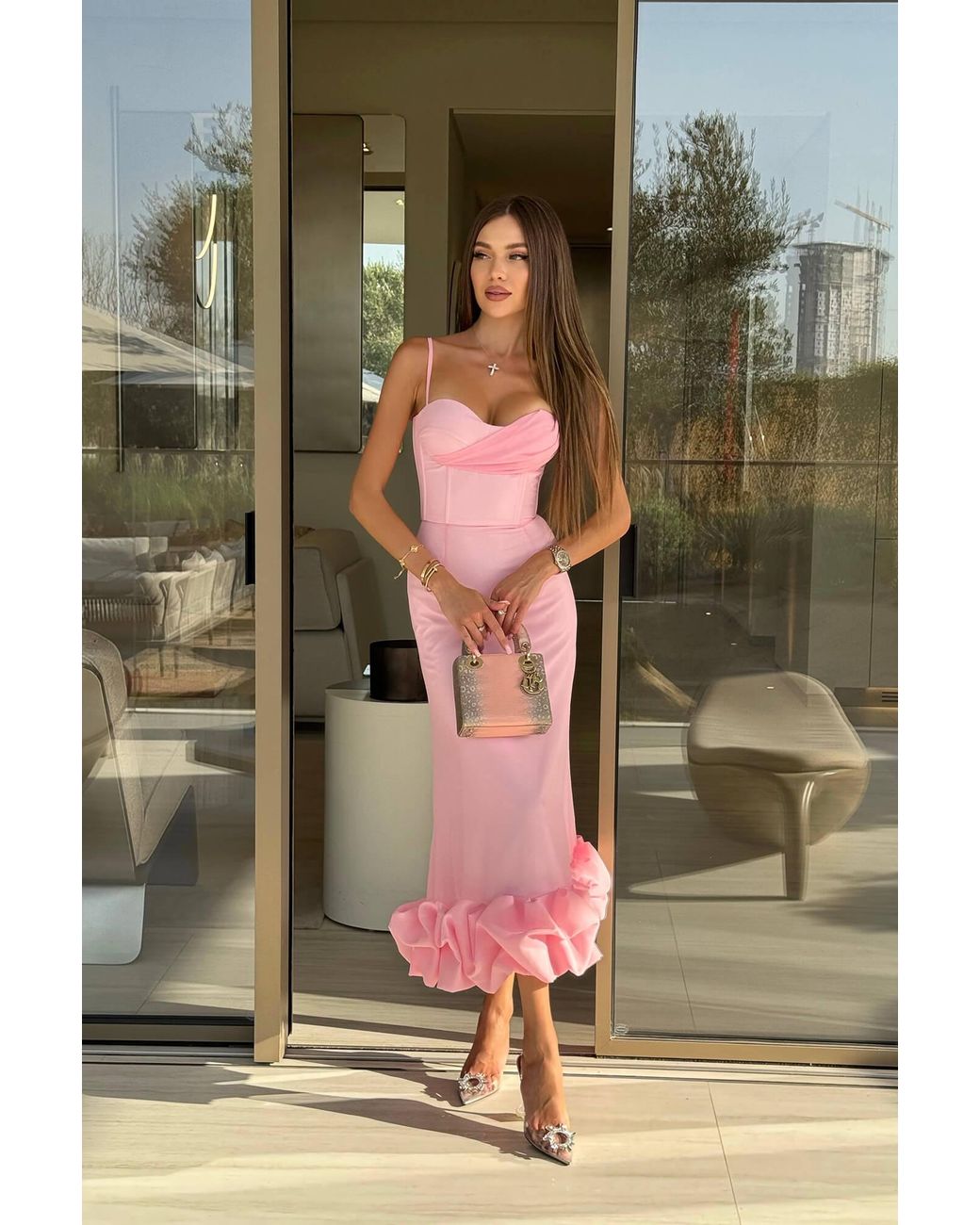 POST MERIDIEM Pink Misty Rose Draped Bodice Bottom Flounced Bustier Dress