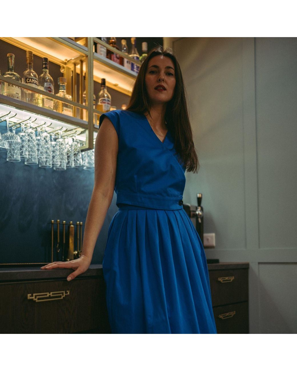 BEIRA Blue Anna Full-Length Cornflower Pleated Cotton Skirt