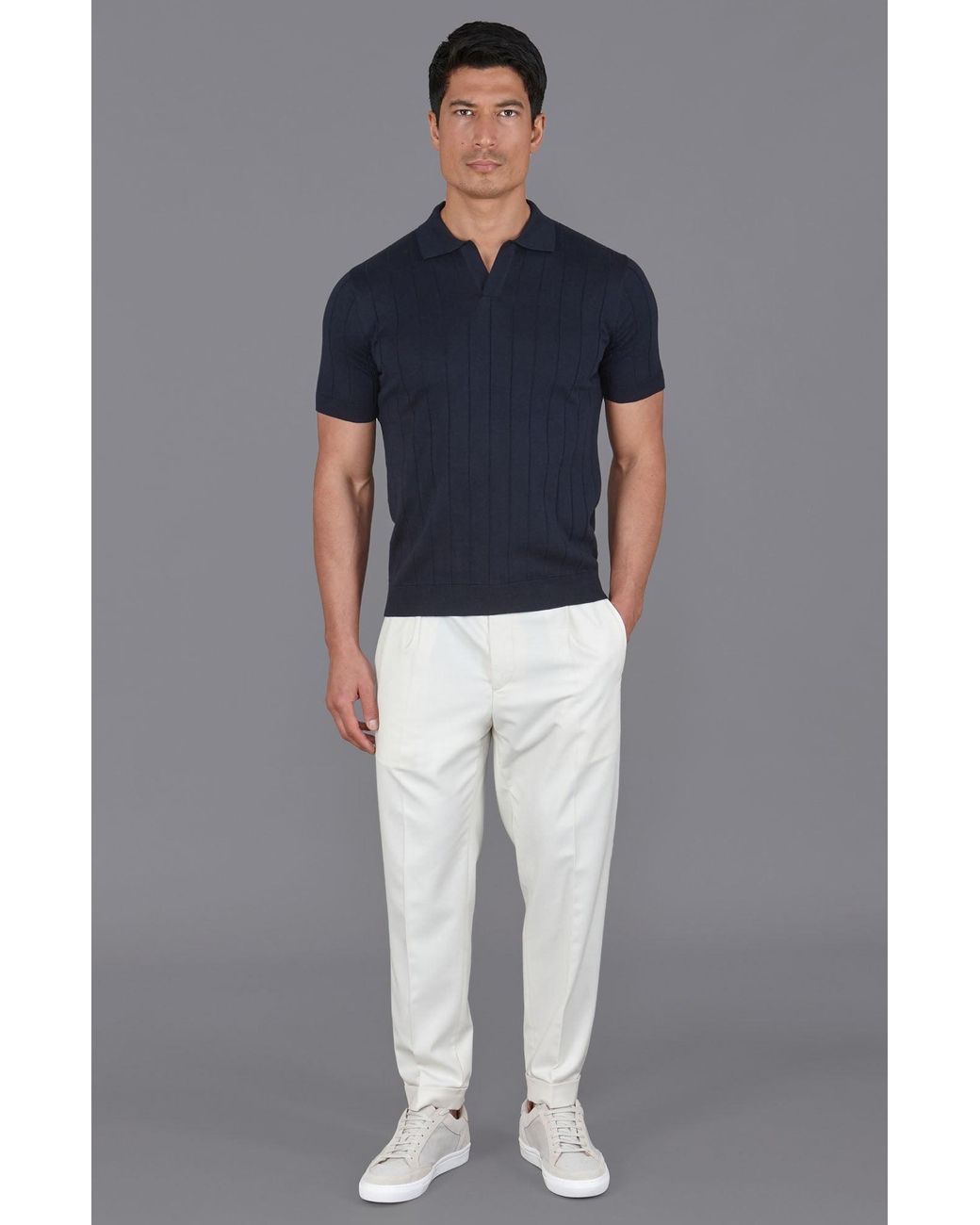 Paul James Knitwear Blue Ultra Fine Cotton Riley Selection Knit Buttonless Polo Shirt for men