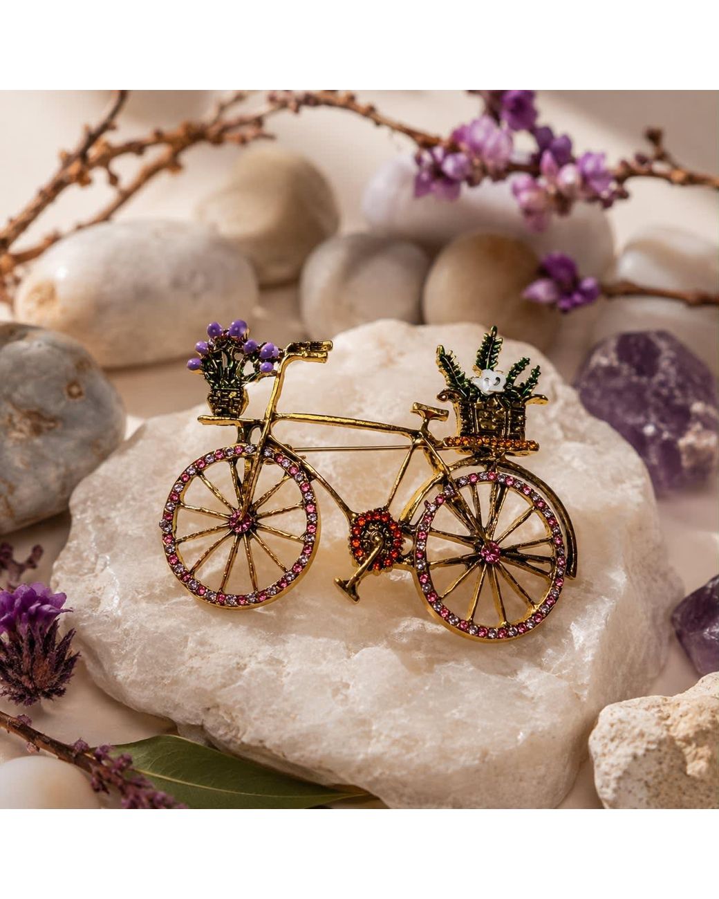 By Ozge Multicolor Blooming Journey Multicolour Stone & Enamel Tone Vintage Bicycle Brooch