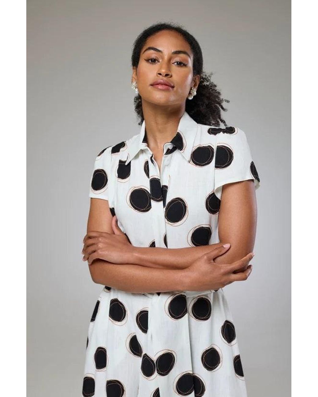 Lioness by Tf Black Absolute Polka Dot Linen Short Sleeve Shirt Dress