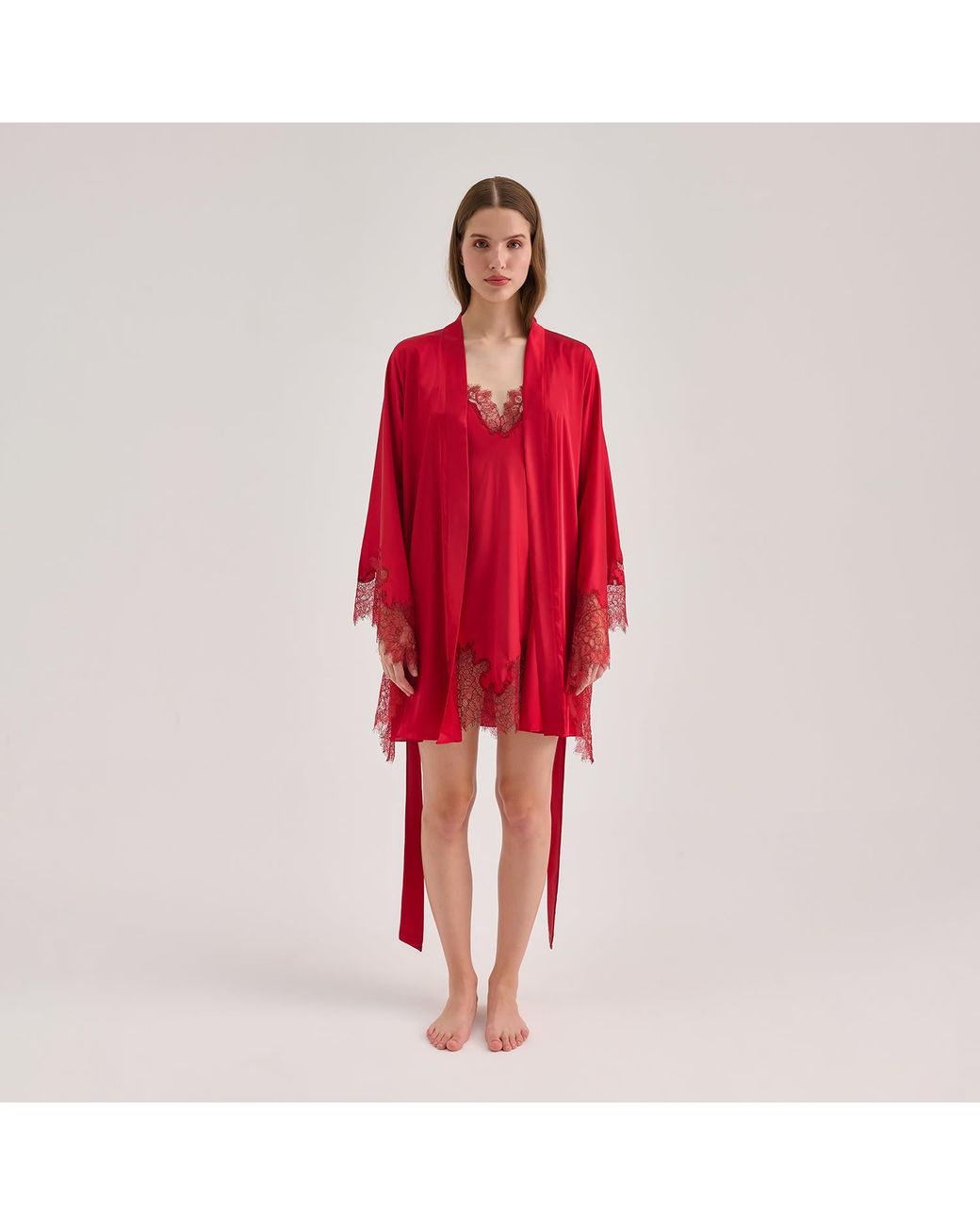 Avenue 8 Red Lace Mini Silk Robe