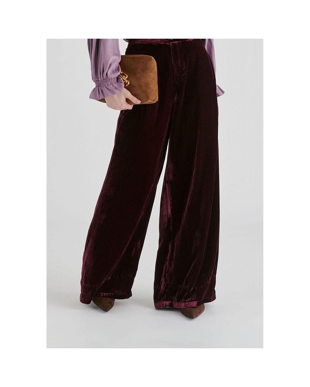 Paisie Brown Velvet Wide-Leg Trousers With Separate Elastic Ankle Bands