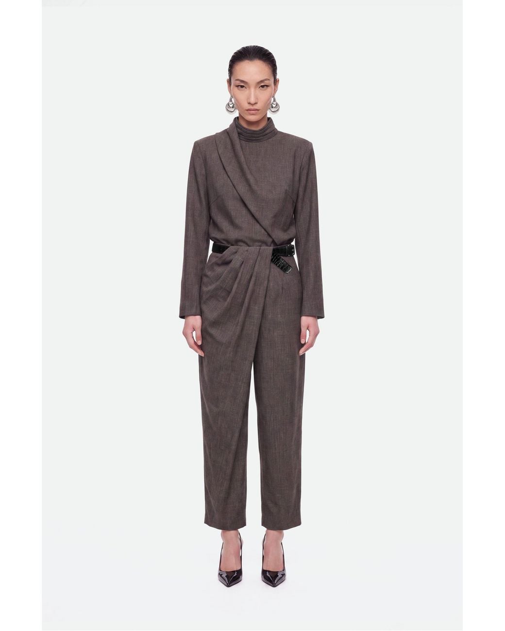 Nocturne Gray Padded Shoulder Stand Collar Blouse