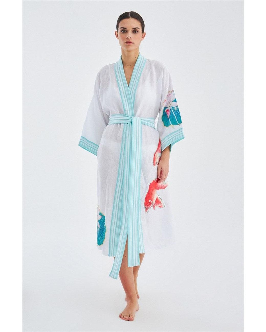 Peraluna Blue Lotus Flower And Fish Applique Linen Kimono