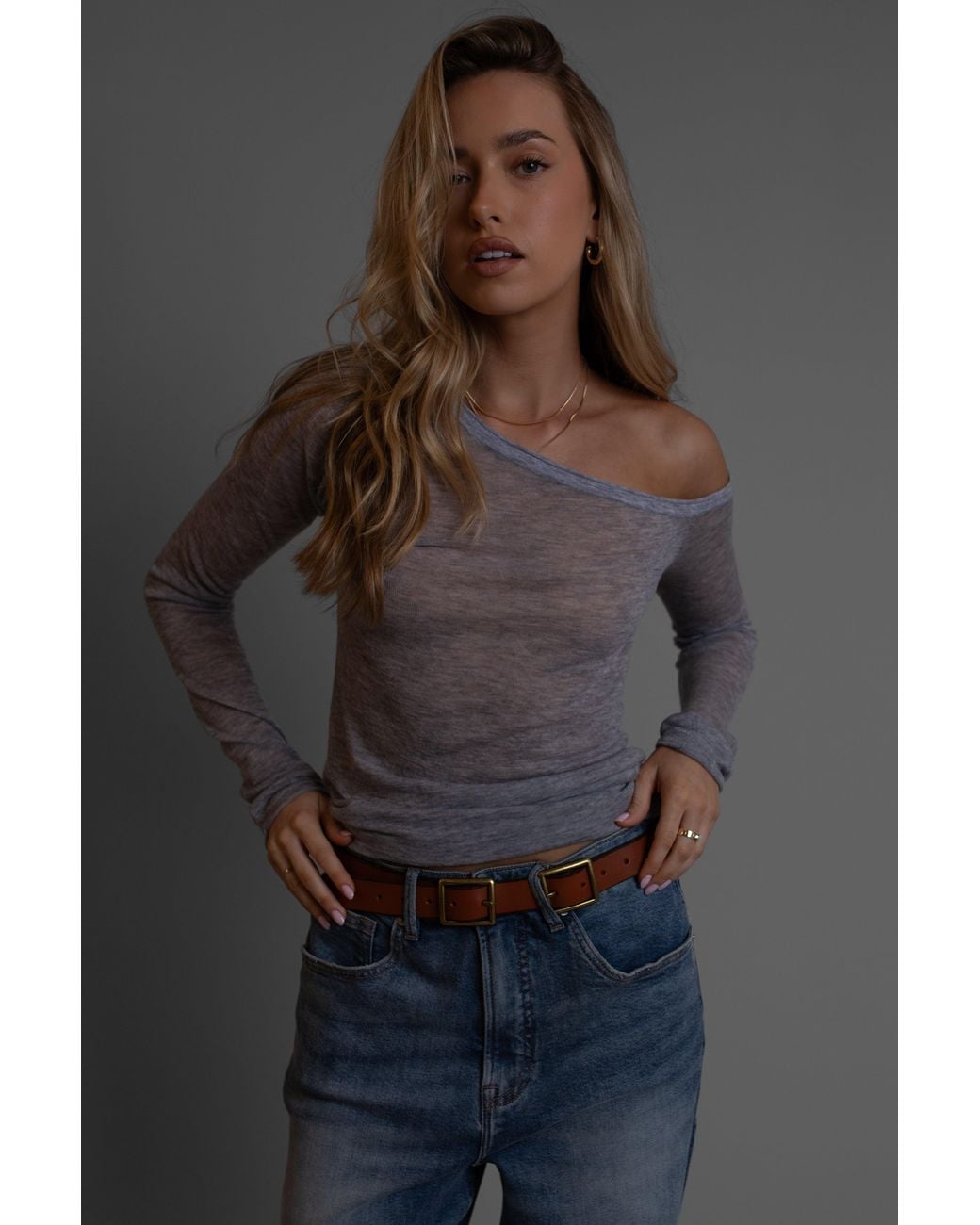 Vænn Gray Remsen One Shoulder Sheer Knit Cloud Melange