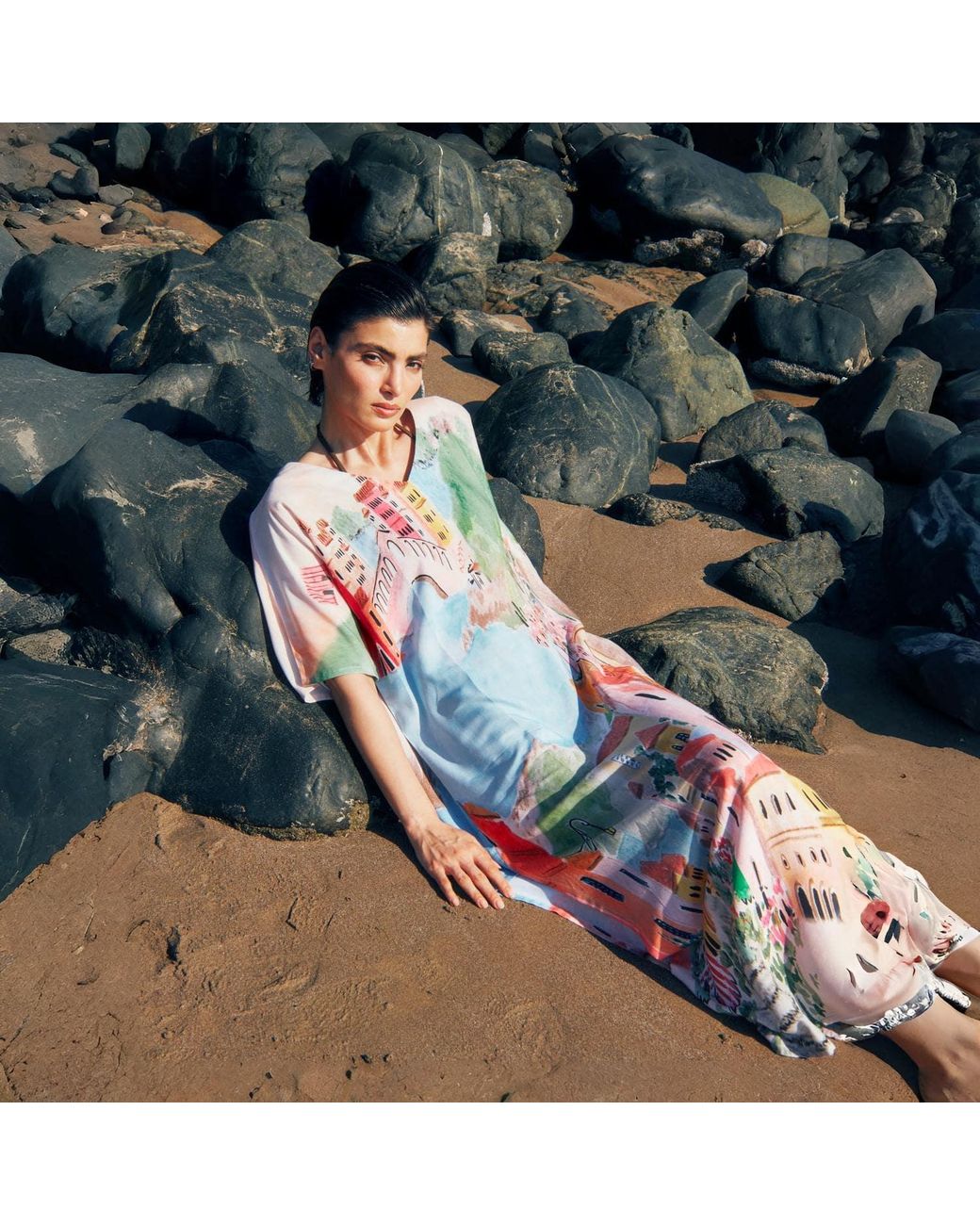 DHARA SHETH DUBAI Multicolor La Riviera Printed Long Kaftan Dress With Side Slits