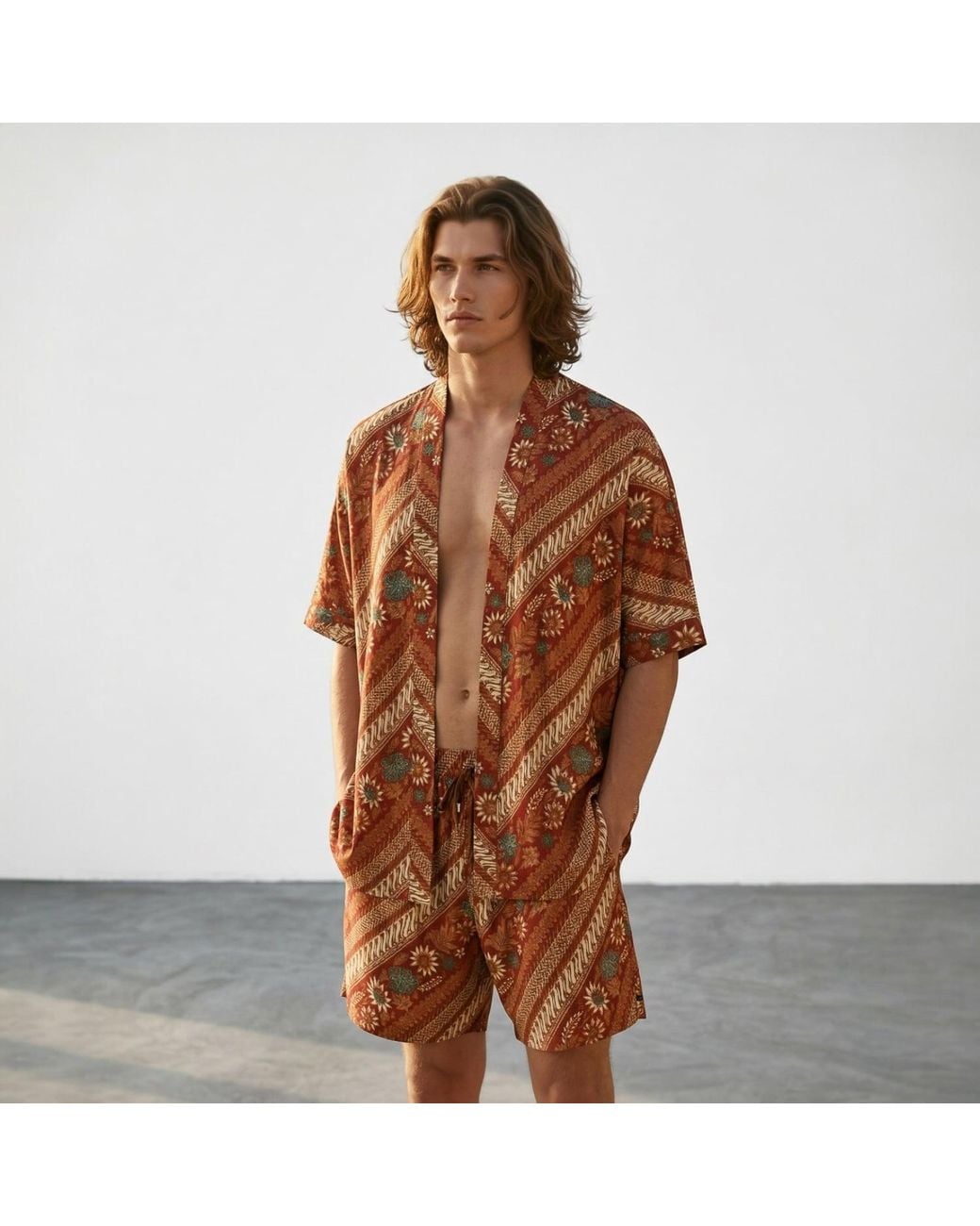 ORIGIN OF HEARTS Brown Neutrals Imai Contemporary Satin Kimono Co-Ord for men