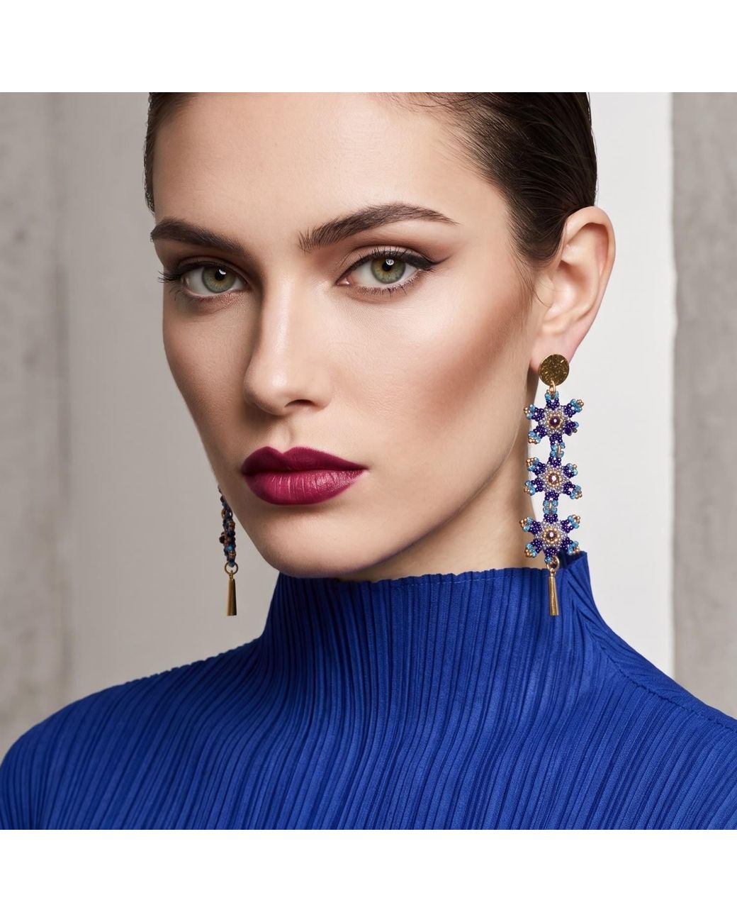 Iliana Arrazola Blue Waterfall Blossom Three Flowers, Dangle Earrings, Glass Beads, Beaded Jewelry