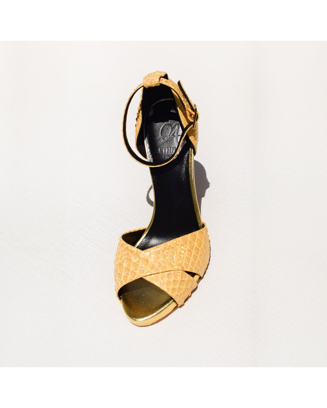 Aethra Shoes Natural Astrea Metallic Holographic Ankle Strap Sandal Stiletto Heels