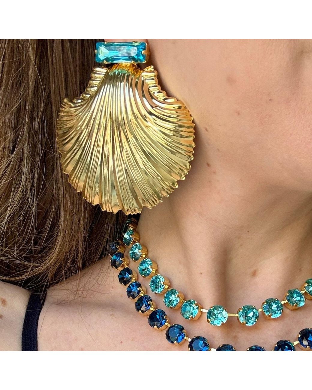 Laura Gray Green Large Aqua Crystal Shell Earrings