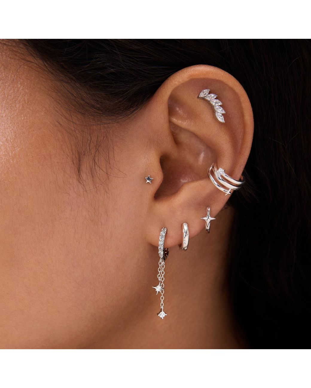 Vanhi Metallic Star Double Chain Dangle Huggies