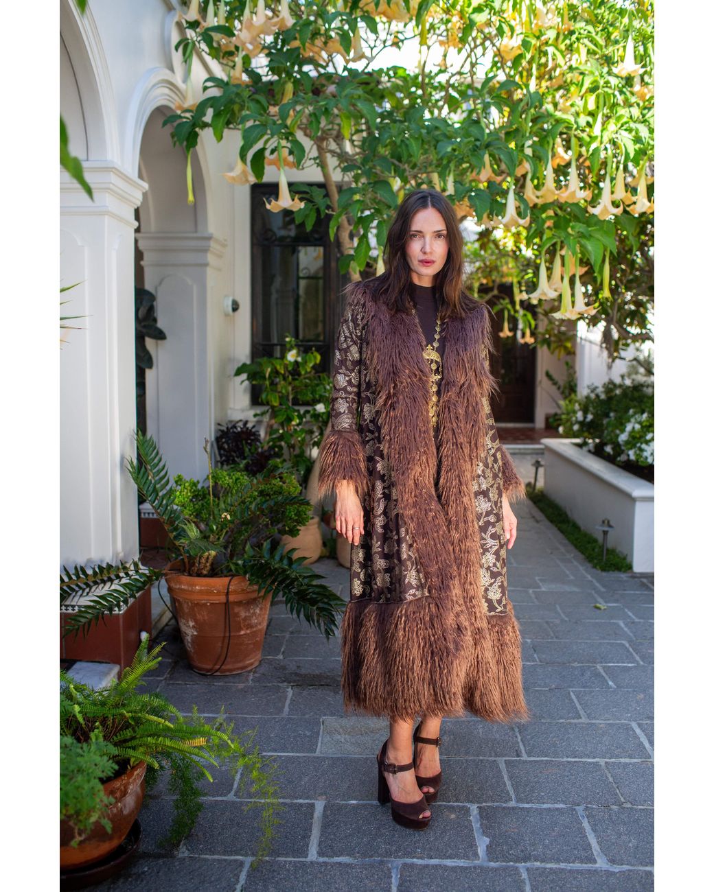 Jennafer Grace Brown Penny Deluxe Filigree Morena Faux Fur Trim Coat