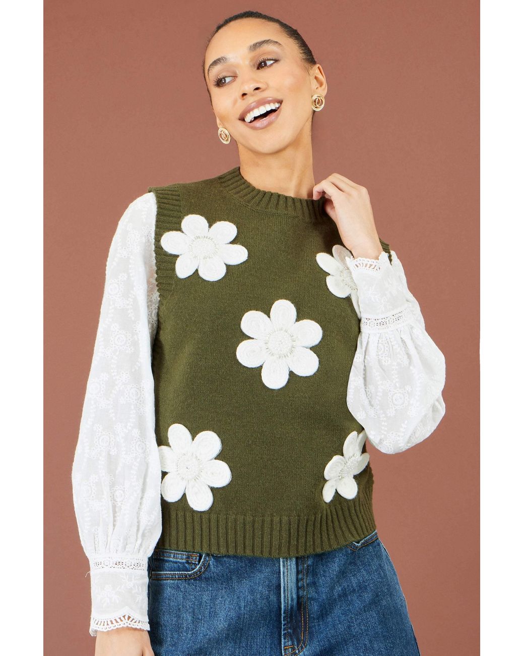 Yumi' Green Flower Applique Knit Tank