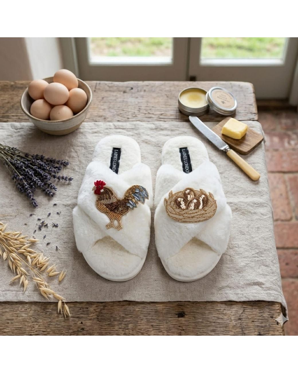 Laines London White Neutrals Classic Laines Slippers With Rooster & Nest Of Eggs Brooches