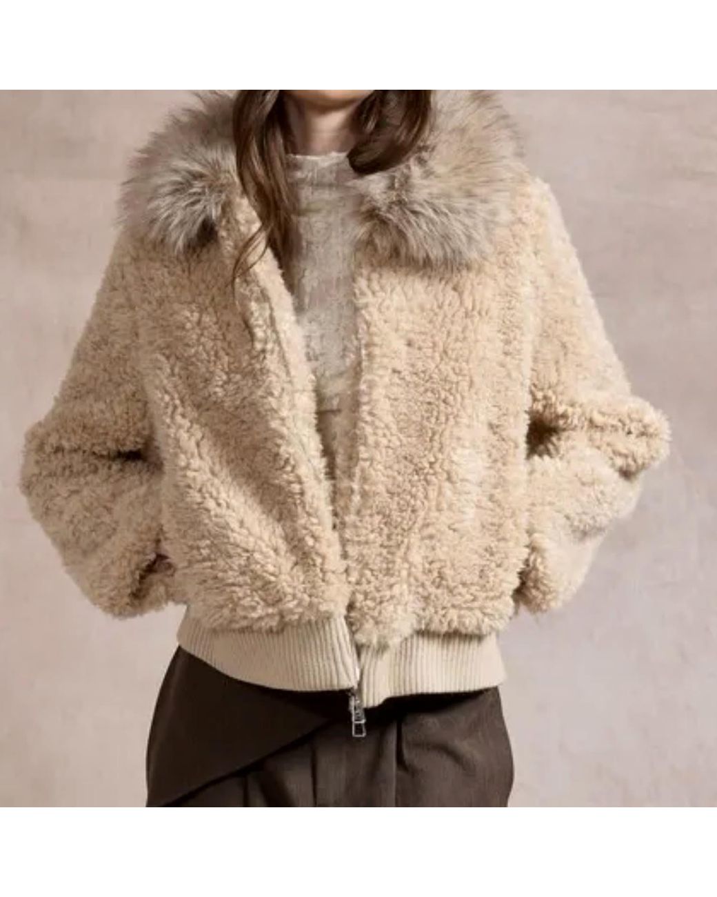LAtelier London Natural Neutrals Teddy Fleece Jacket With Faux-Fur Collar & Ribbed Cuffs