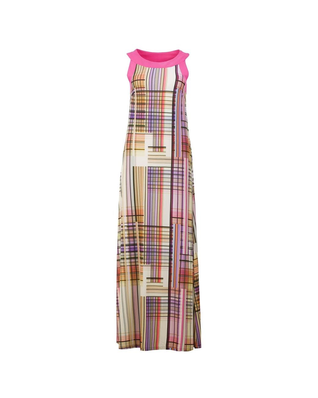 Conquista Purple Modern Tartan Maxi Dress With Pop Color Accents