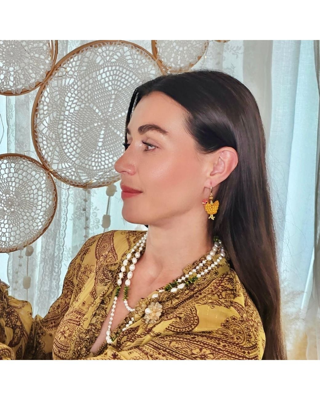 Farra Metallic Playful Beaded Chicken Dangle Earrings