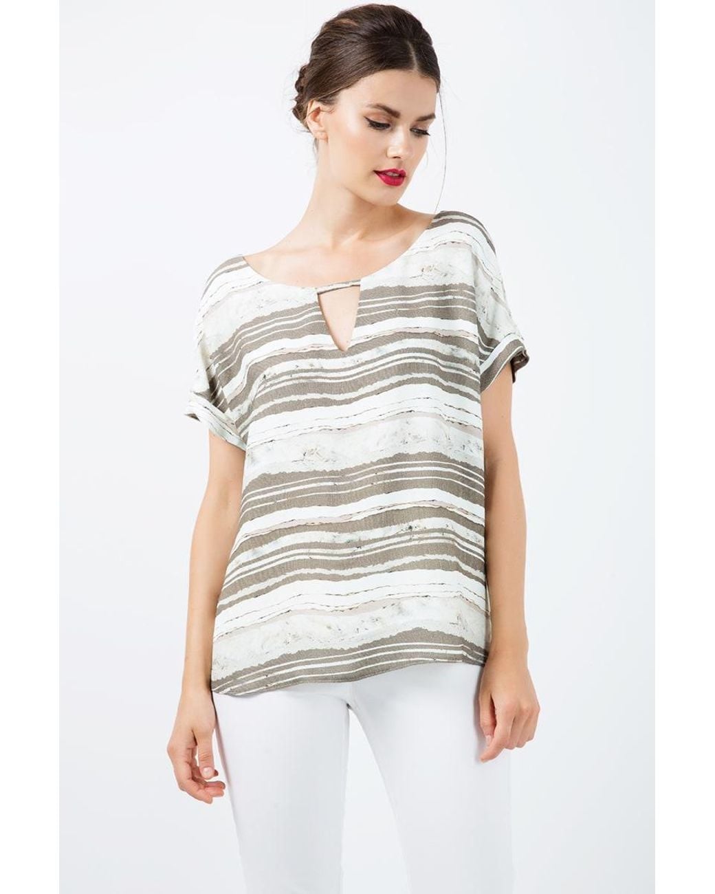 Conquista Natural Short Sleeve Striped Keyhole Top