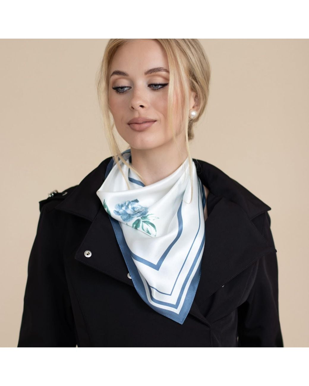 RainSisters Blue Small Minimal Floral Natural Silk Scarf