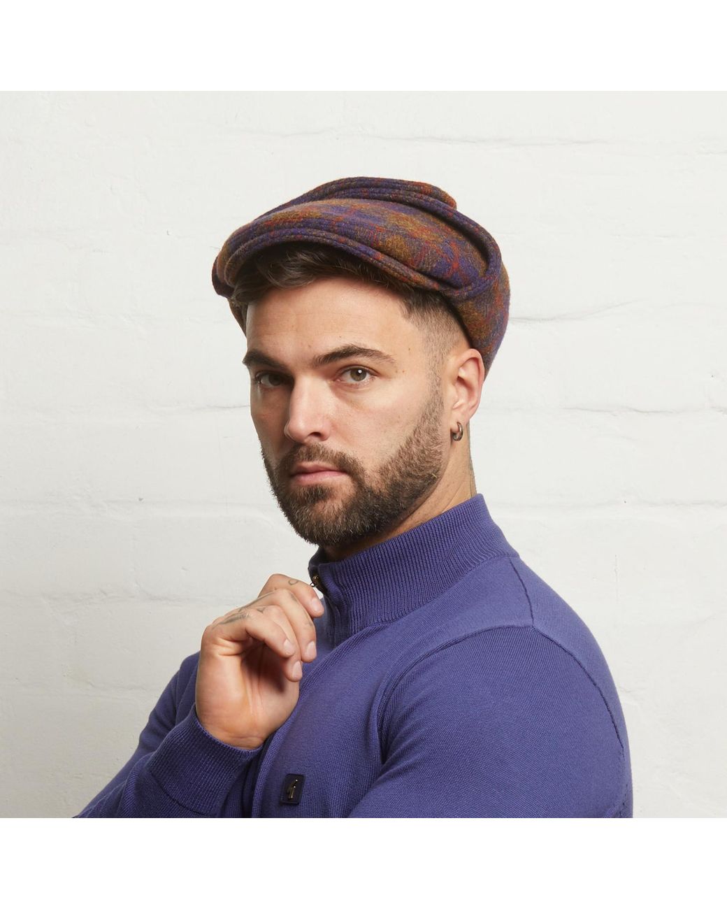 Dasmarca Hats Red Logan Grape Tweed Wool Checks Italian Cap With Earflaps Trapper for men