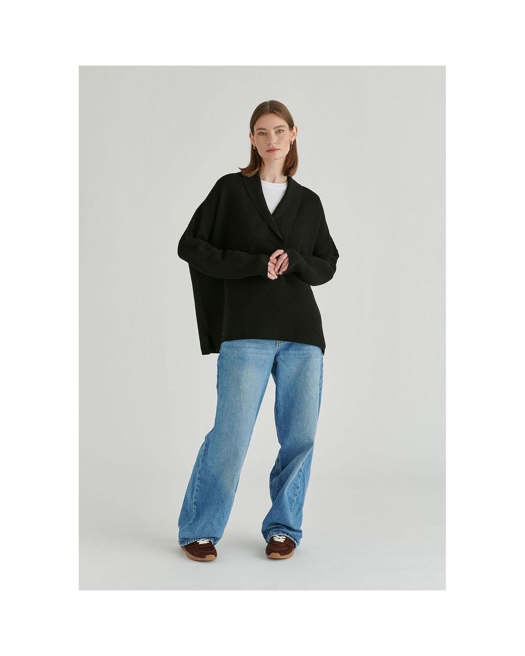 Paisie Black Shawl Collar Ribbed Jumper