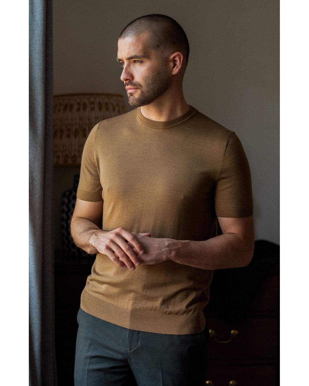 Paul James Knitwear Brown Superfine Merino Silk Bellini Short Sleeve Jumper for men
