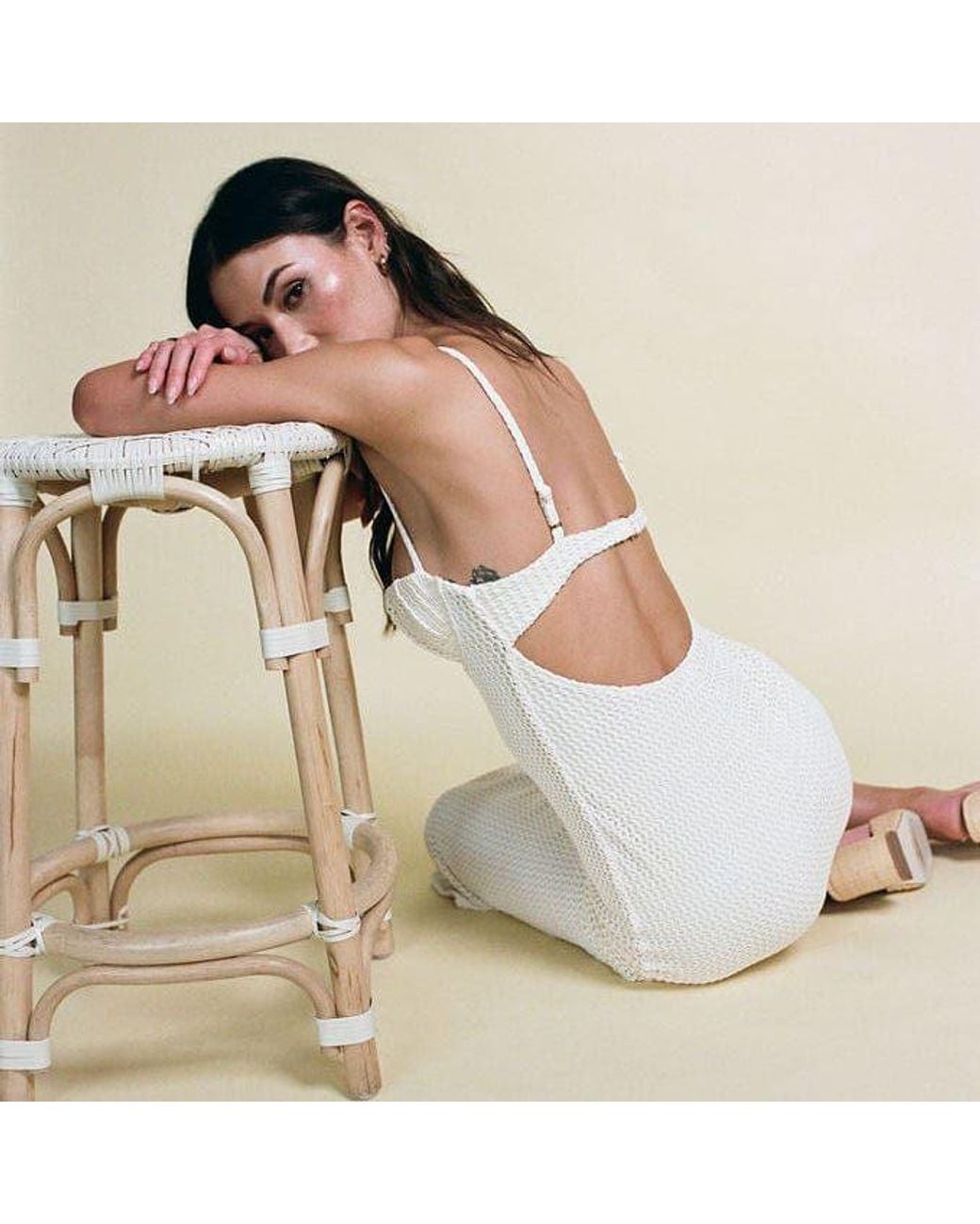 Montce White Neutrals Bone Crochet Petal Long Slip Dress