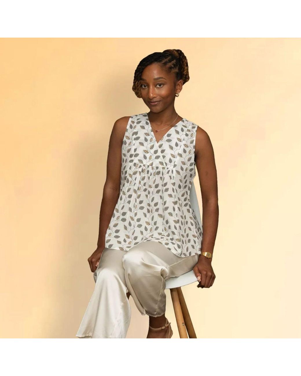House of Gl Natural Neutrals Nira Cotton Sleeveless V-Neck Blouse With Leaf Print