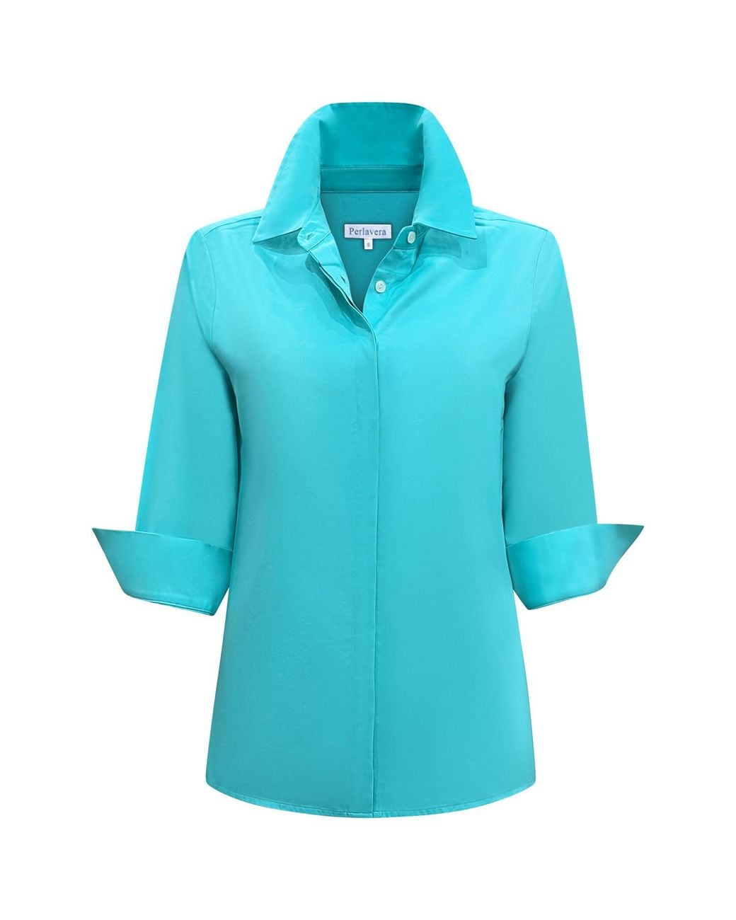 Perlavera Blue Cox Aqua Solid Cotton Satin Three Quarter Sleeve Length Slim Fit Shirt