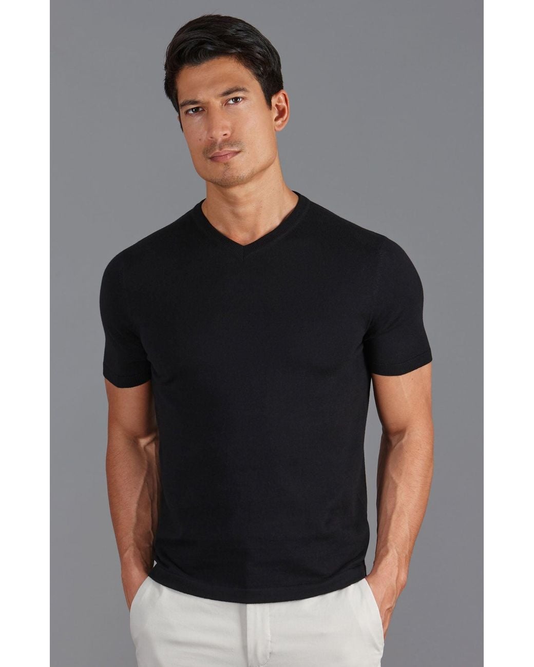 Paul James Knitwear Black Ultra Fine Cotton Hudsonn High V Neck Knitted T-Shirt for men