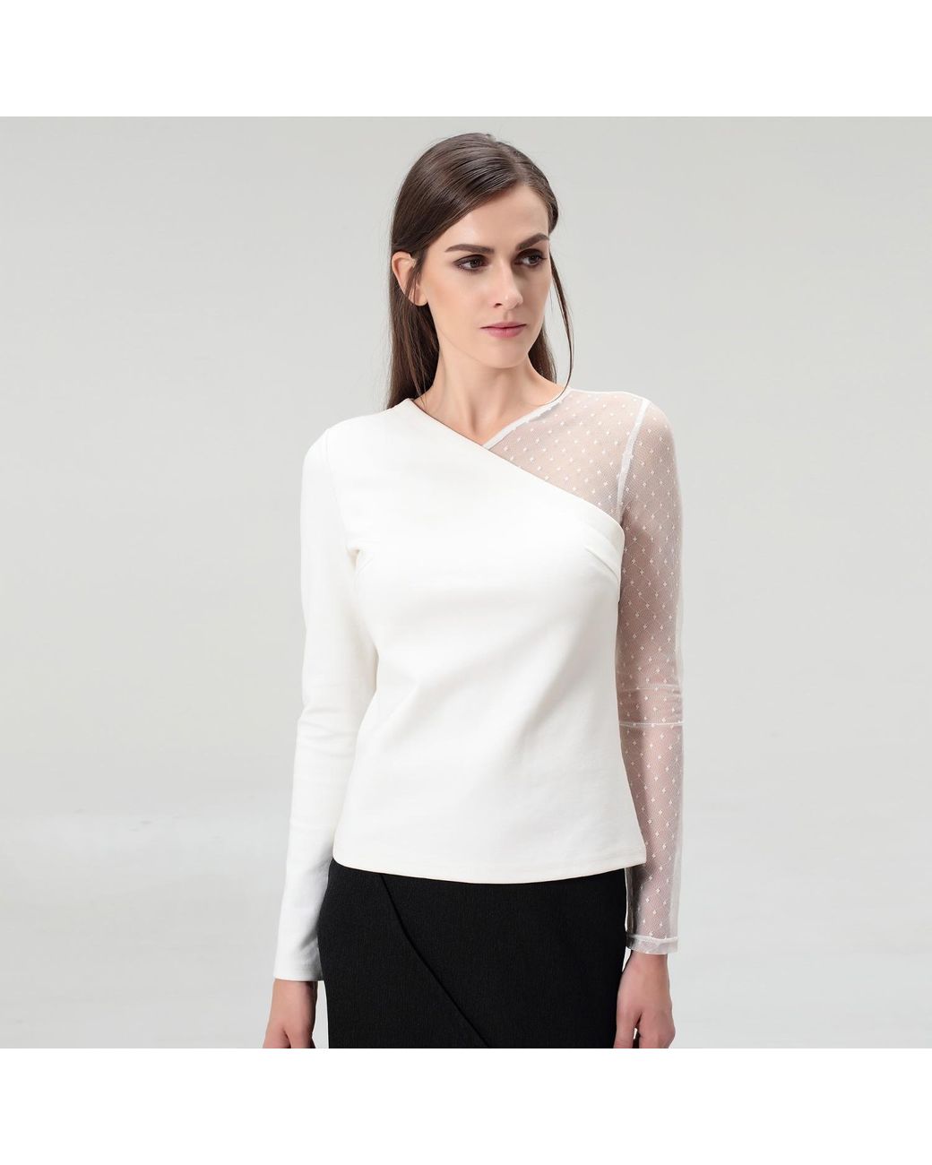 Smart and Joy White Asymmetric Milano And Tulle Top