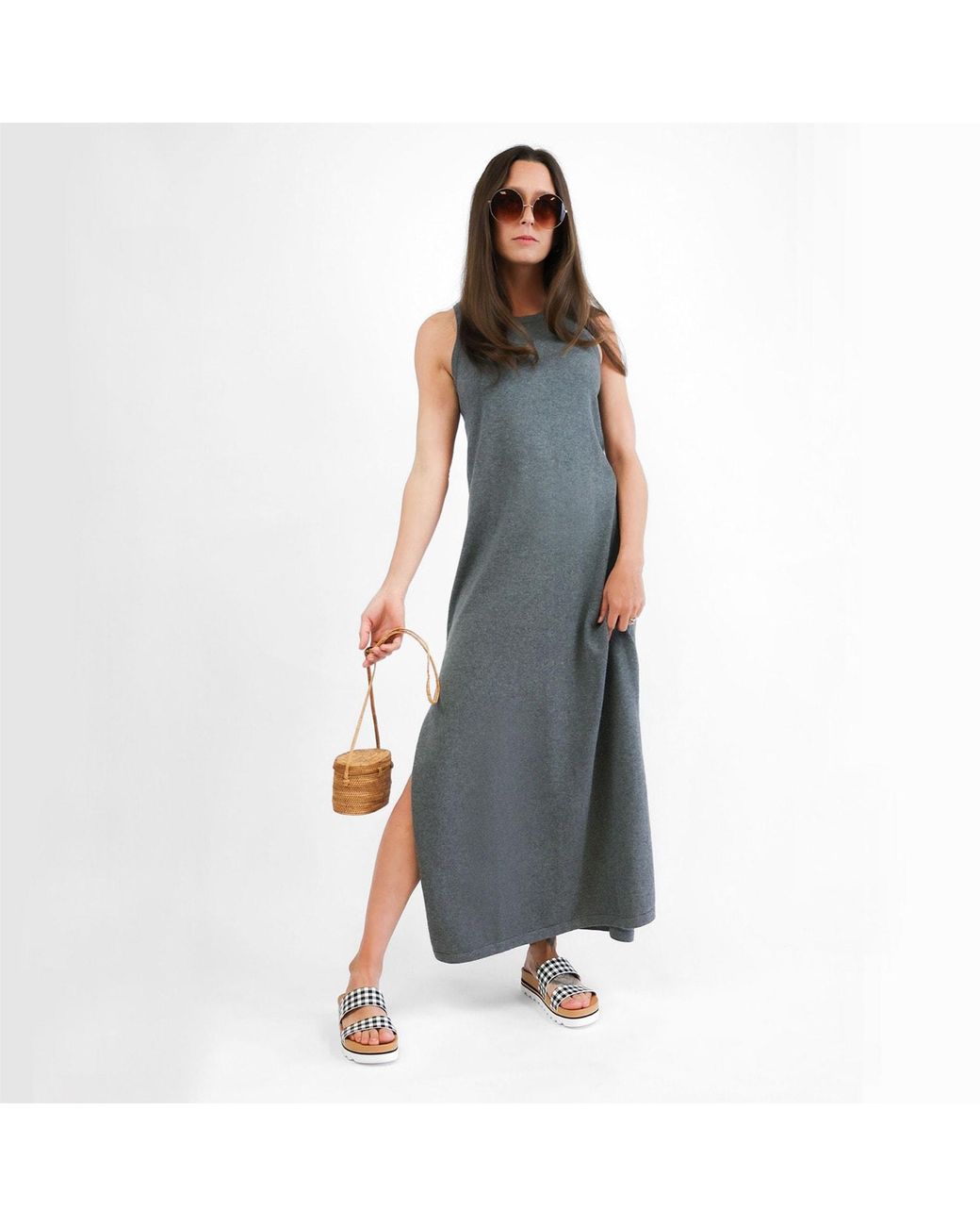 Zenzee Gray Cotton Cashmere Maxi Dress With Side Slits