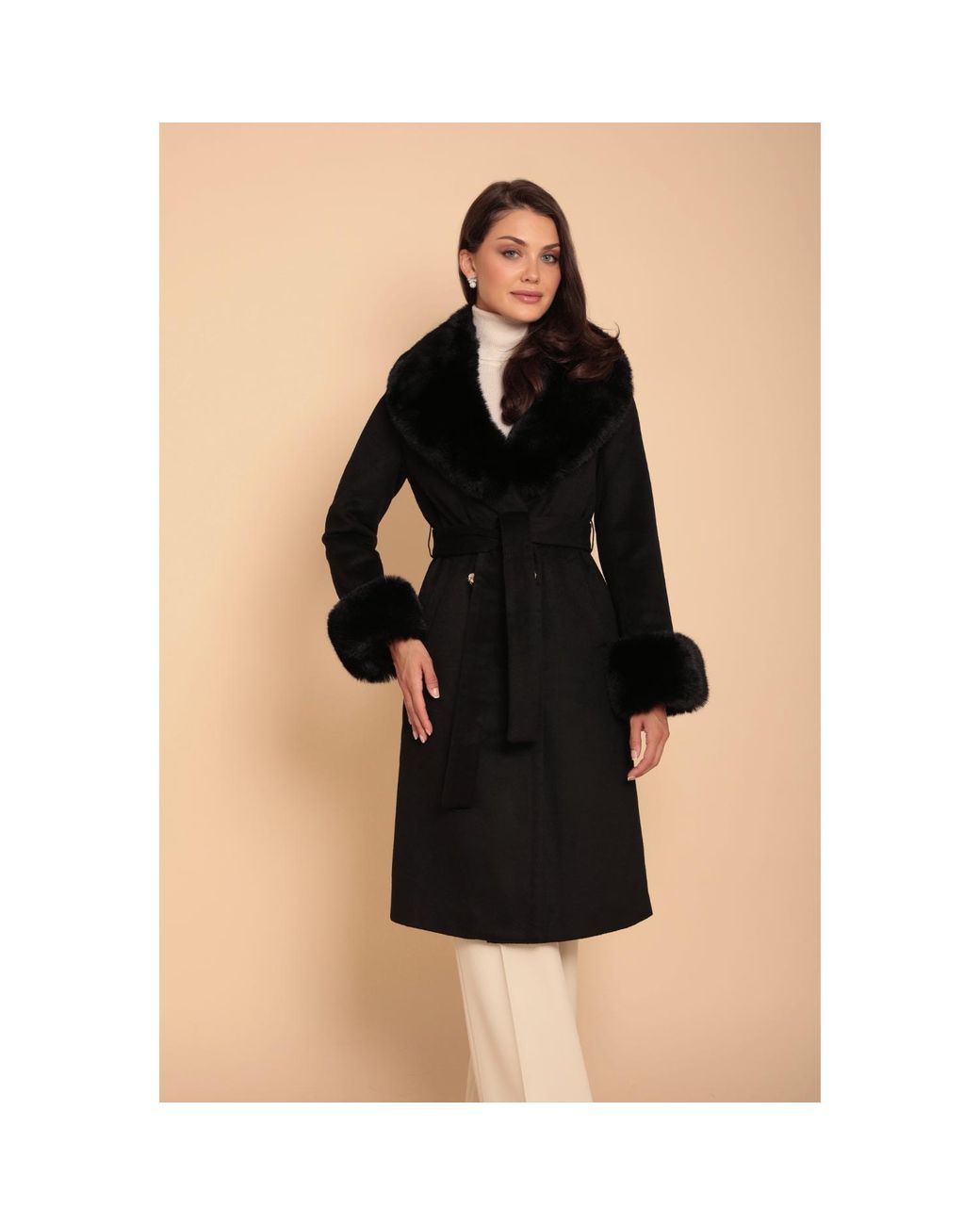 Santinni Black Marlene Cashmere & Wool Coat With Faux Fur
