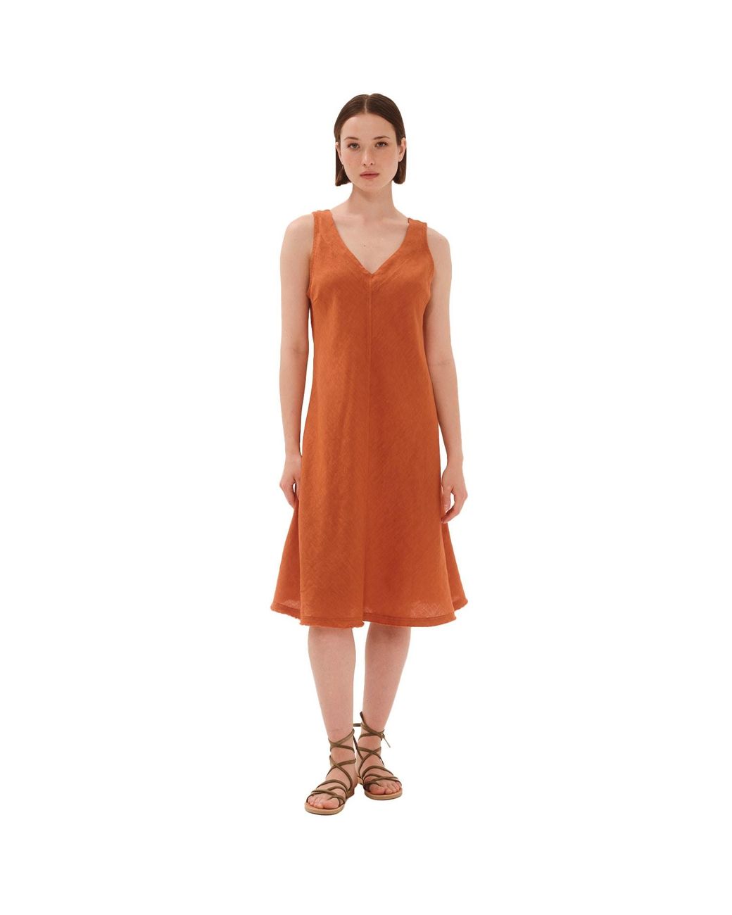 Haris Cotton Green “V” Neckline Flared Linen Dress