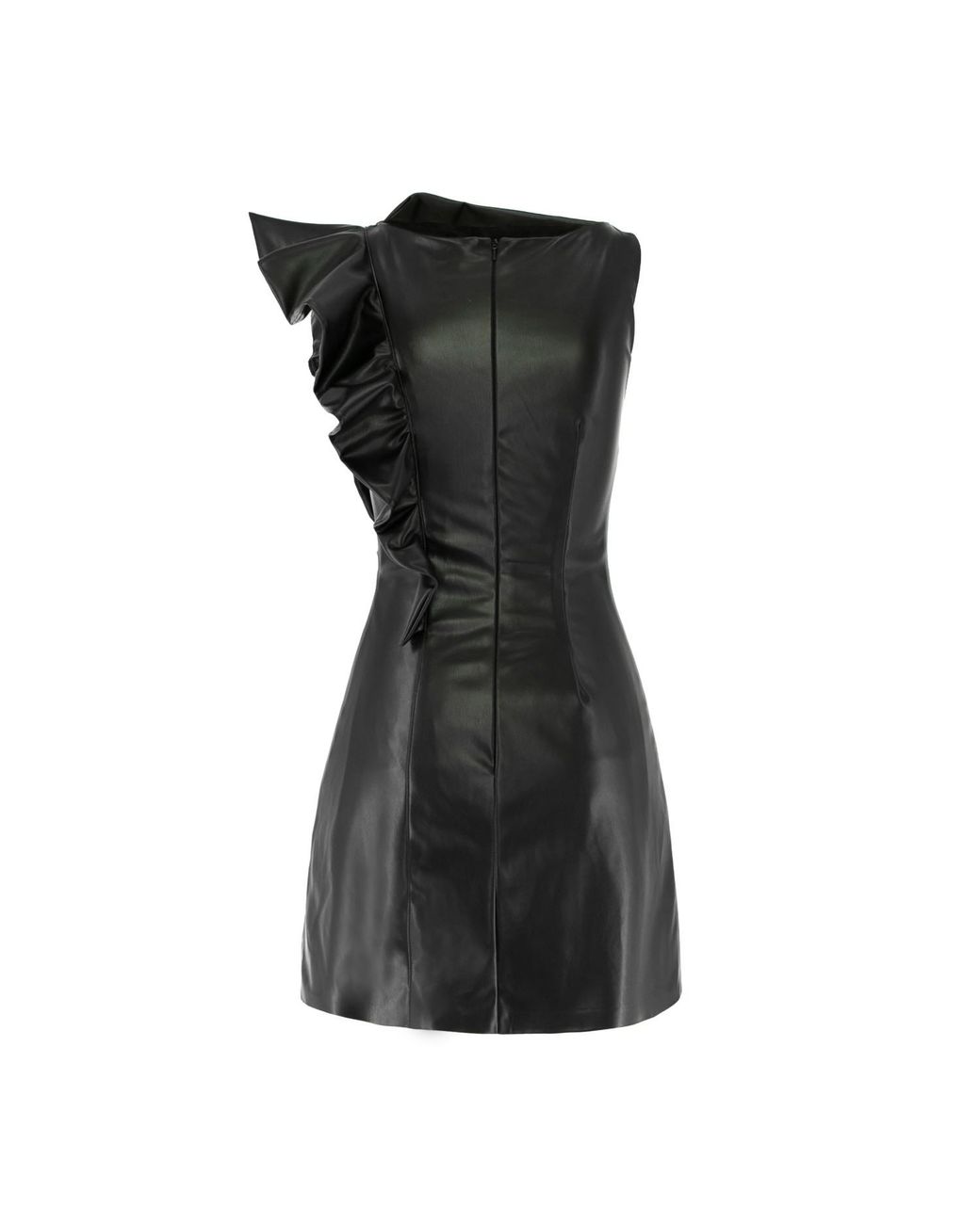 AVENUE No.29 Black Eco Leather Asymmetrical Mini Dress With Ruffle